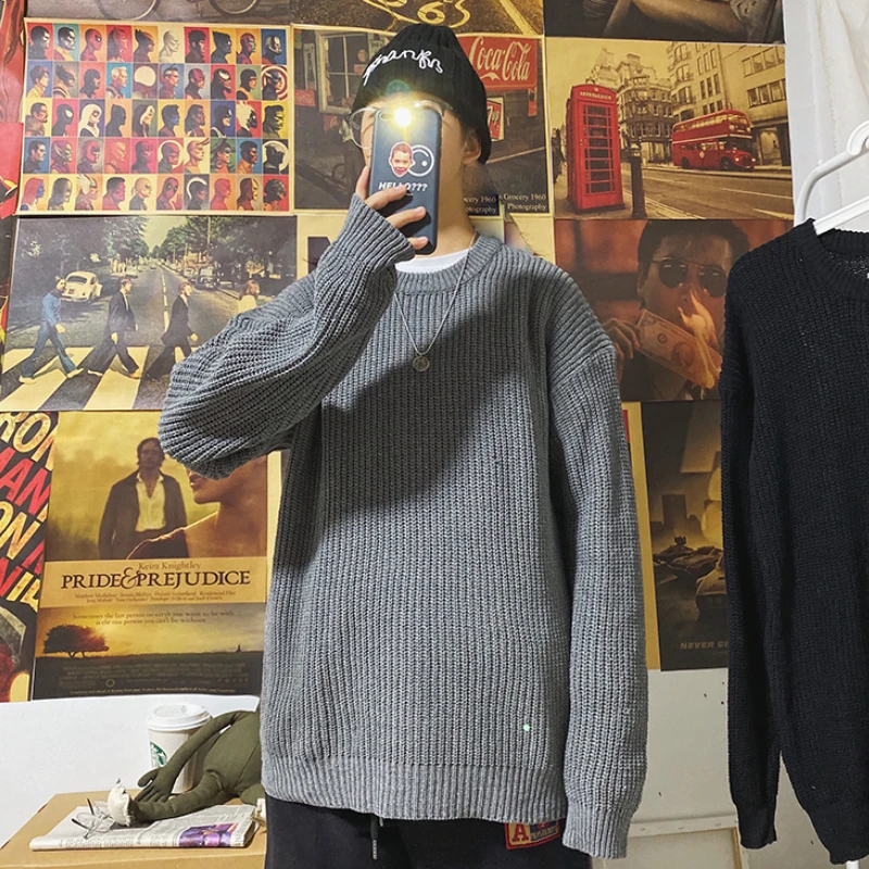 Мужской трикотажный свитер теплый однотонный джемпер в стиле ретро с длинным