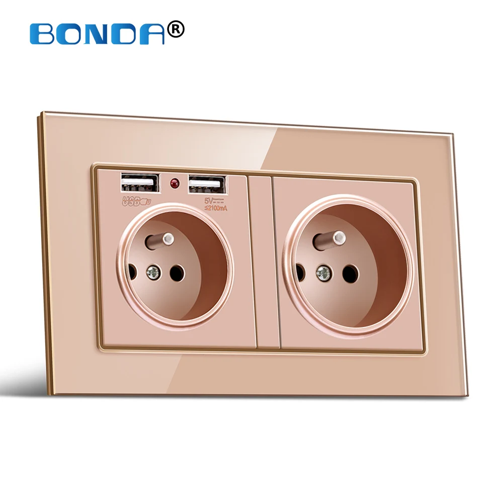 

BONDA Electrical Wall USB Power Socket Interface Crystal Glass 146 * 86mm Double Frame French Standard Electrical Triple Outlet