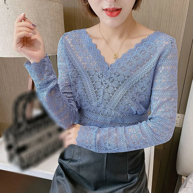 

Women Lace Hollow Out V Neck Sexy Slim Long Sleeve Shirt Tops Autumn Outfits for Female Clothing Solid Color