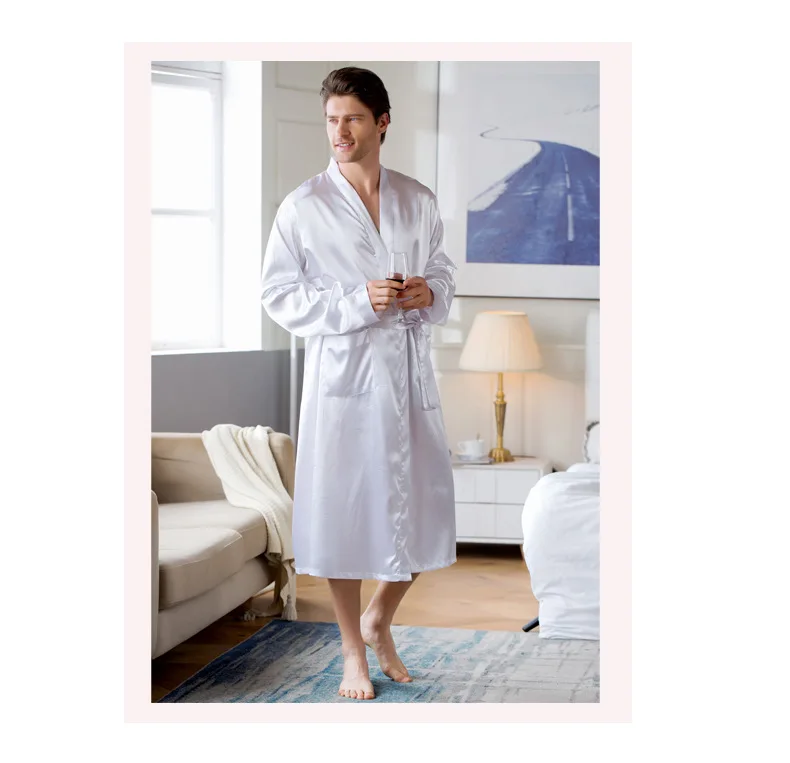 

New Luxury Bathrobe Mens Viscose Robe Pajamas Kimono Home Bath Gown Spring Summer Male Nightgown White