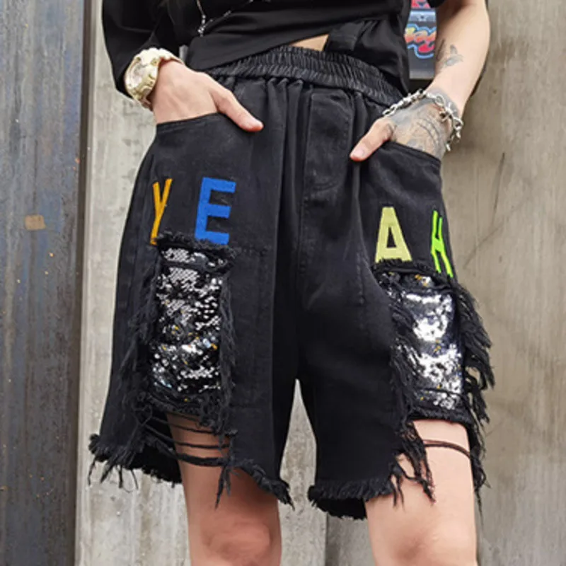 

Blue Black Women Irregular Pants 2021 Summer Women Sequin Patchwork Pants Female Casual Letter Pants Z792