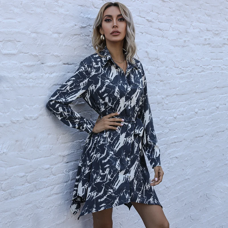

2021spring new elegance Women's wear Irregular skirt tie-dyed printing belt Close your waist Lapel Long sleeve shirt Dress