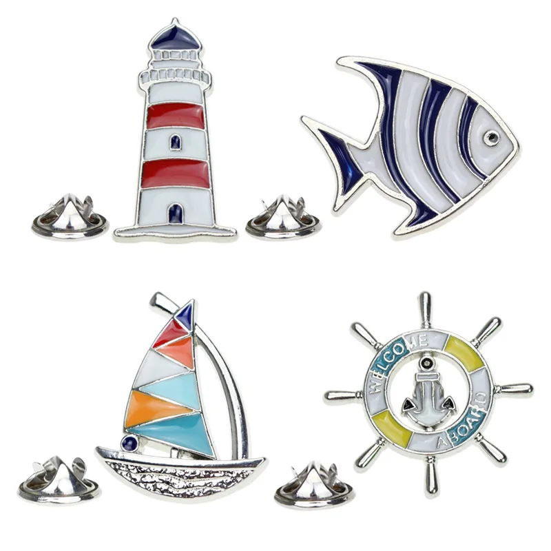 Navy Style Badge Cartoon Tropical Fish Metal Brooch Creative Sailboat Lighthouse Rudder Beacon Brooch Lapel Pin Small Gift Kids