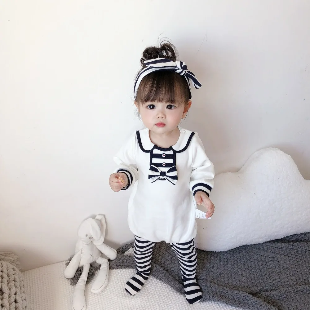 

Newborn Baby Romper Set Sailor Baby Girls Clothes Bow Knot Autumn Toddler Girls Clothes Set Romper+ Pants+Headband 3pcs Outfits
