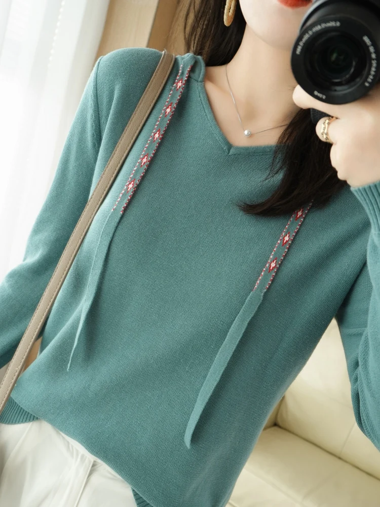 

2021 spring autumn new pure cotton sweater women casual knit sweater pure color hooded collar top women large size pullover