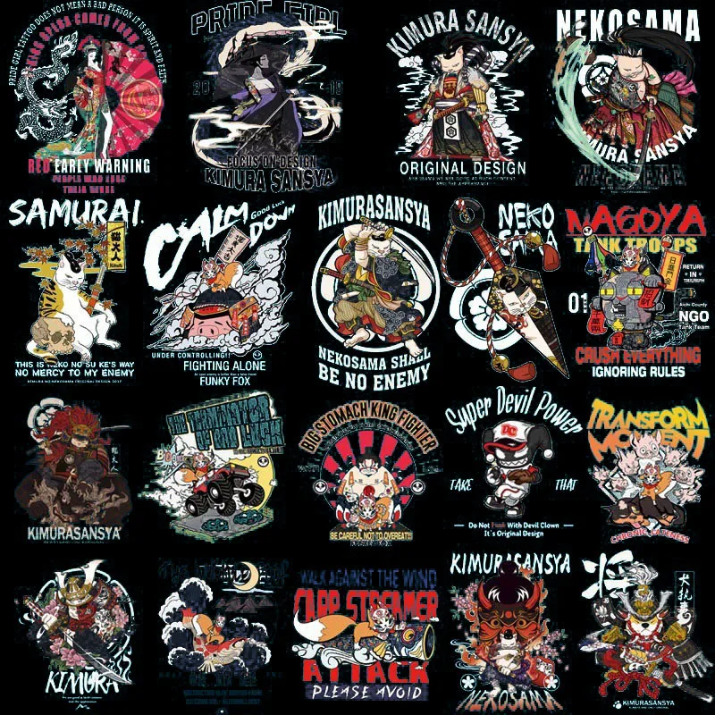 

2021 New Cool Cartoon Japan Anime Dancing girl cat samurai Heat Transfer washable DIY Men's T-shirt decorate