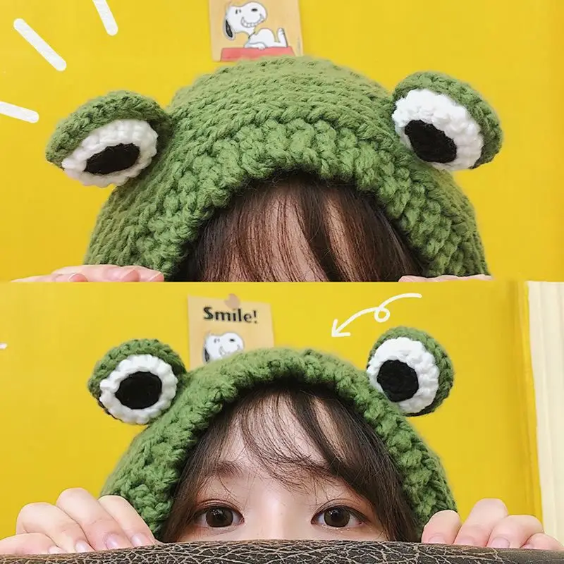 

Women Men Cute Frog Eyes Weave Knitted Skullies Beanie Hat Solid Color Chunky Crochet Harajuku Winter Warm Earflap Cap Photo
