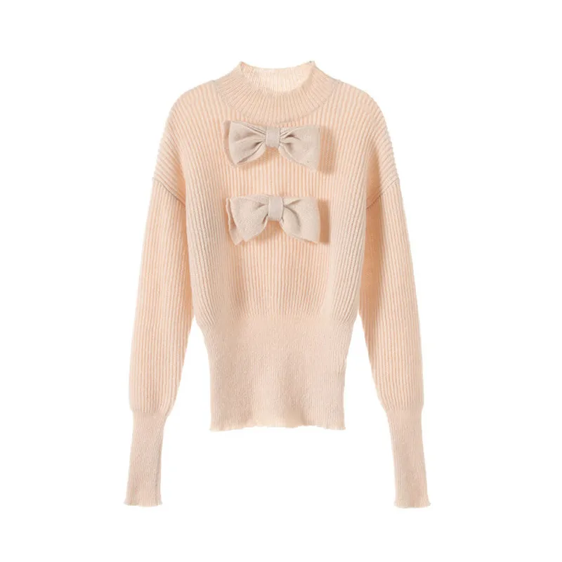 Женский укороченный свитер с бантом трикотажный подиумный пуловер высоким