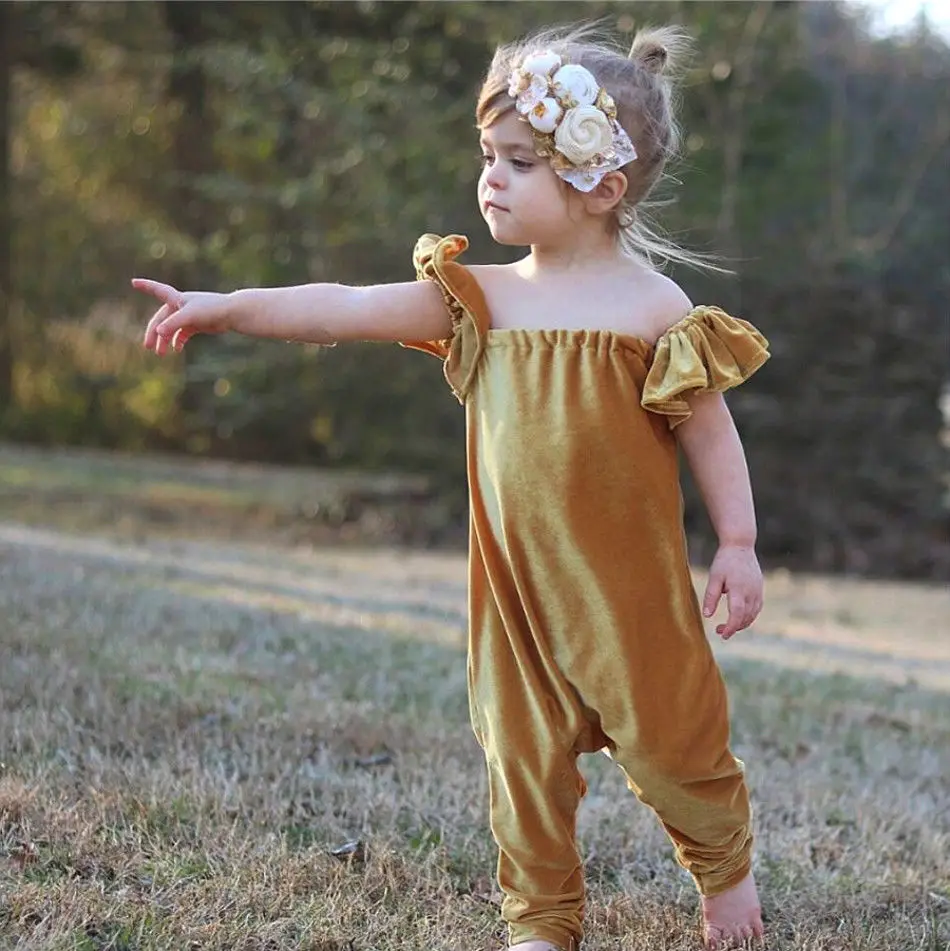 Новый модный бархатный комбинезон с открытыми плечами для новорожденных девочек