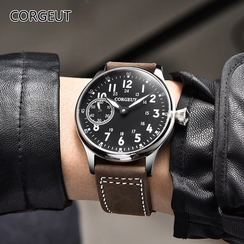 

2020 New 44mm Corgeut black dial Stainless steel Case 17 jewels 6497 hand winding movement Men's Watch