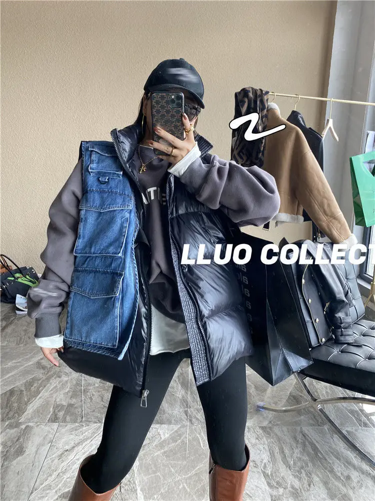 

new solid color asymmetrical Korean version of loose stitching down vest jacket temperament sleeveless Short men and women ins