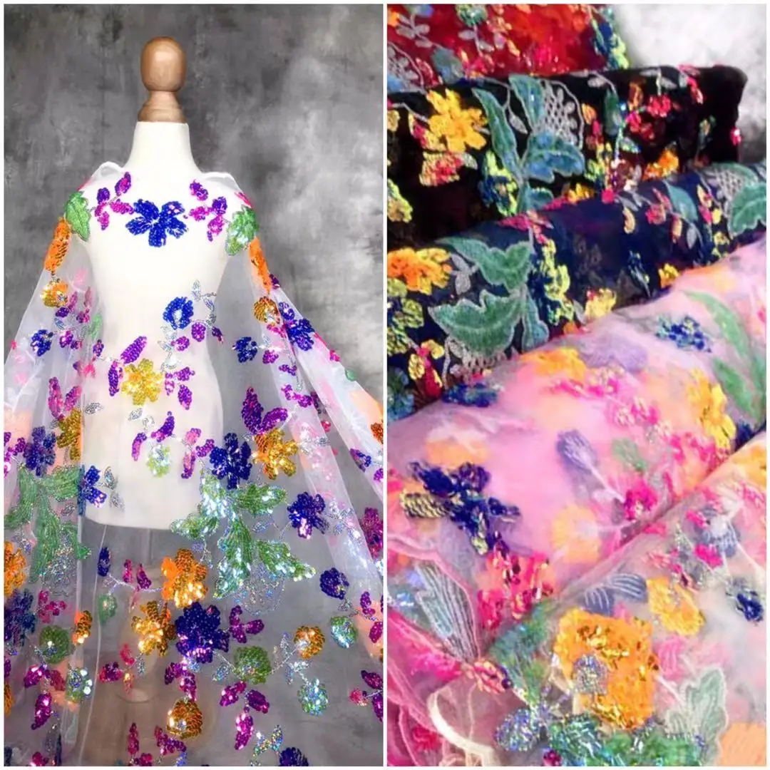 

Тюлевое кружево, 6 цветов, с разноцветной вышивкой и блестками, для женского платья, в наличии г., новая ткань с блестками, цветы, 2021 г.