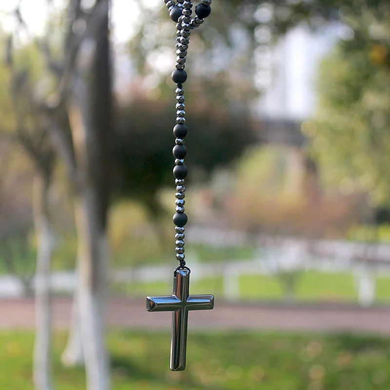 

Matte Black Onyx Necklace for Men Hematite Faceted Beads Long Necklace Chain with Cross Pendant Gift Bijoux