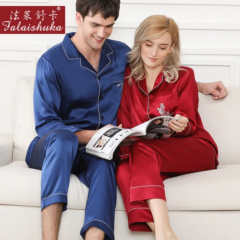 Silk Pajamas Set Women Red 2020 Spring Summer New Homewears Silk Stain Emboridery Couple Sleepwear For Women Ladies Pajama Set