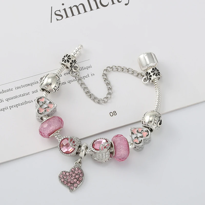 

Silver Plated Snake Chain Charm Bracelet With Pink Love Heart Charm Beads Pendants For Women DIY Romantic Brand Jewelry Gift