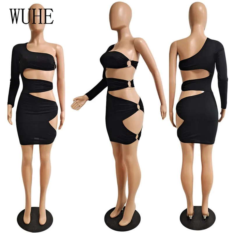 

WUHE Irregular Mini Metal Circle Sparkling Diamond Dress One Shoulder Long Sleeve Strapless Hollow Out Nightclub Party Dress