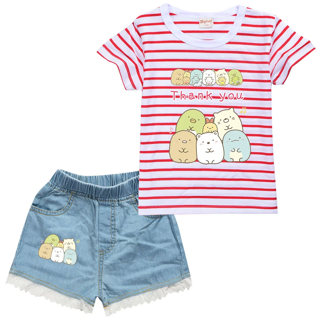 

2-16Y Baby Girls Clothes Sets 2021 Summer Toddler Boys Sumikkogurashi Striped T-Shirt+Denim Shorts 2 Pcs Set Kids Cotton Clothes