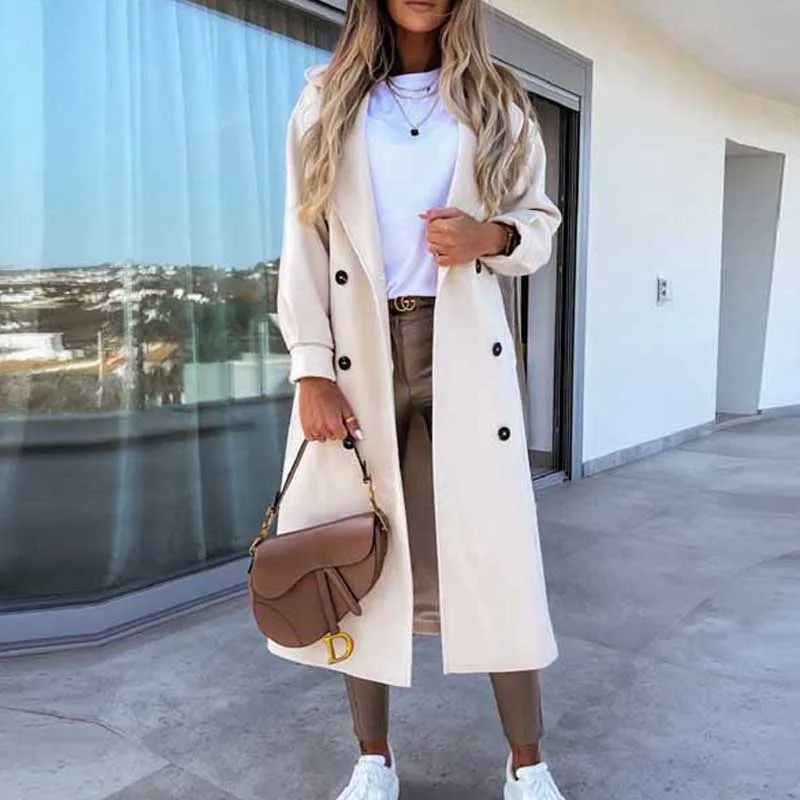 

Women Long Woolen Coats 2021 Autumn Fashion Double-breasted Coat Vintage Female Long Sleeve Turn Down Collar Loose Pocket Jacket