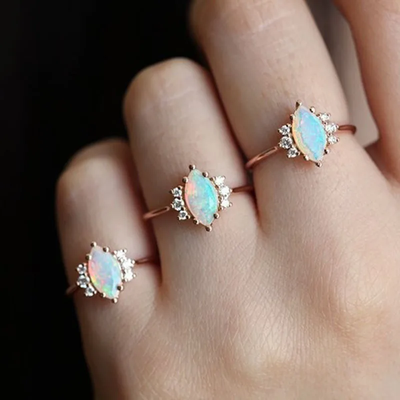 

Trendy Rose Gold Color Horse Eye Shaped Opal Ladies Ring Inlaid Minimalist Rhinestone Zircon Crystal for Women Party Jewelry