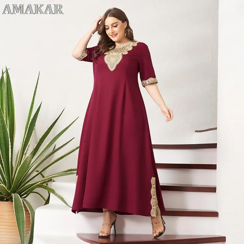 

New Summer Maxi Dress Women Plus Size Vintage Lace Patchwork Split Hem Solid Wine Red Half Sleeve Party Prom Long Suelto Dresses