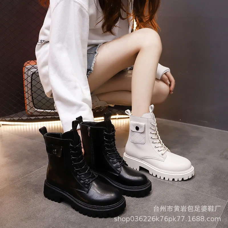 

2021 New Autumn Platform Boots White Lace Up Punk Ankle Boot for Women Soft Round Toe Combat Martin Black Boots Motorcycle Boots