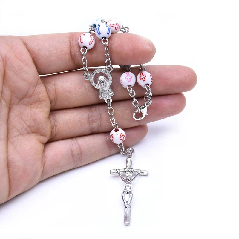 

Rainbow Holy Jesus Cross Bead Bracelets Fashion Christianity Jewelry Catholicism Exorcism Talisman Pendant Prayer Church Gifts