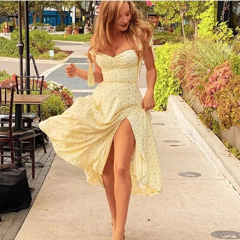 

Длинные Клубные платья с открытой спиной, на бретелях, с цветочным принтом, без рукавов, с разрезом, с высокой талией