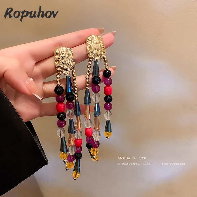 

ROPUHOV 2021 New Korean Trendy Jewelry 925 Silver Needle Color Crystal Fringed Earrings Female Ethnic Long Earrings Bohemian