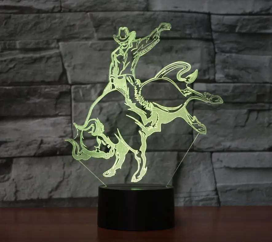 

7-Color Changing 3D Bull Rider LED Touch Night Light Bedroom Shop Bar Decor Gift USB Table Lamp