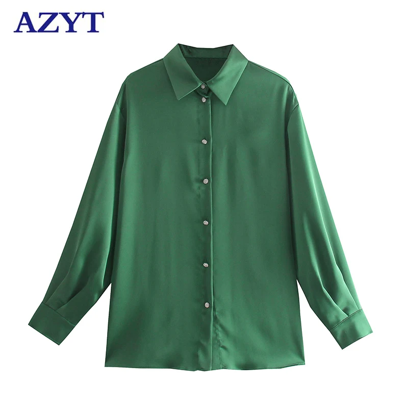 

Женская рубашка с отложным воротником AZYT, весна-осень, модная сатиновая однотонная Свободная Женская блузка, повседневные блузки на пугови...