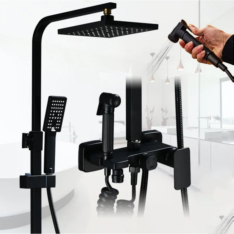 Bathroom black full copper thermostatic digital display shower set booster nozzle multi-function mixing valve AE02ZS-0001 | Обустройство