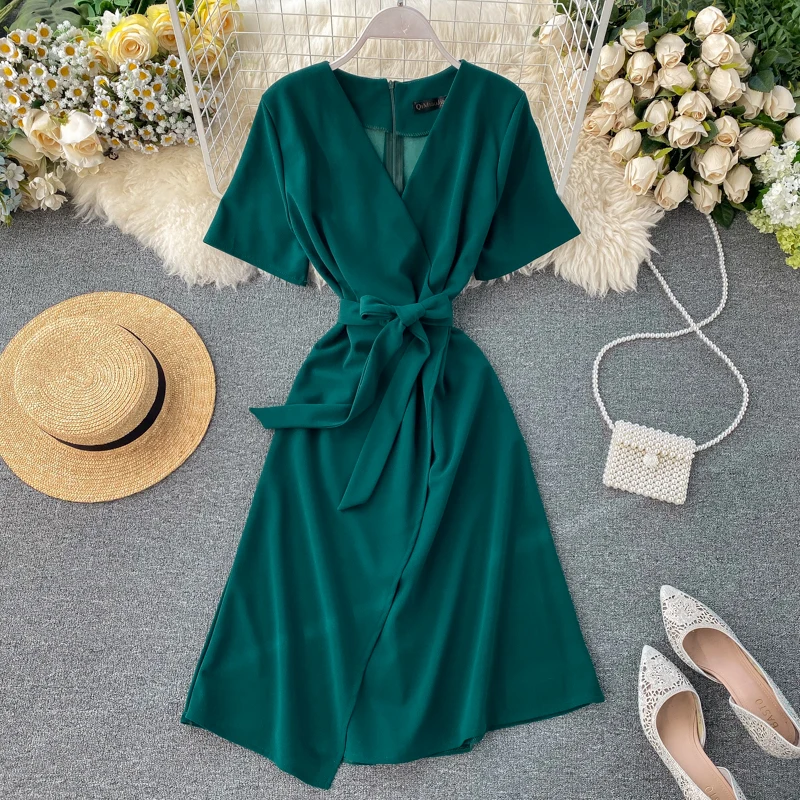 Весна-лето 2020 женское платье с v-образным вырезом и поясом коротким рукавом