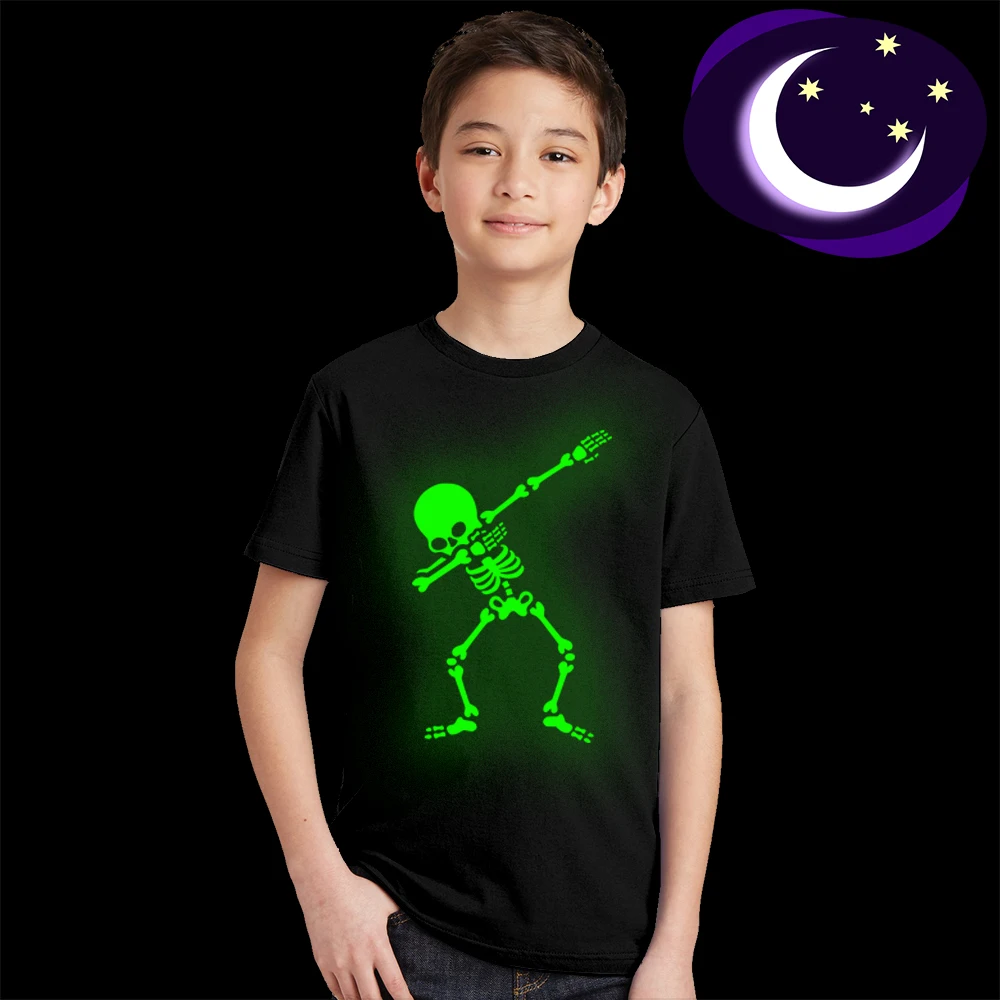 Camiseta con estampado de calavera que brilla en la oscuridad para niños y niñas, ropa de verano, Hip Hop, Rock, para bebés