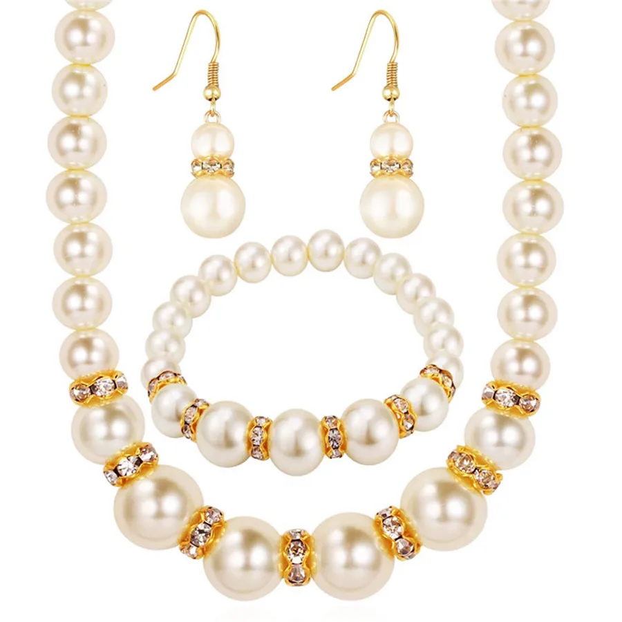 

African Beads Jewelry Set Simulated-Pearl Necklace Bracelet Earrings Women Jewelry Sets Inlay CZ Bride Set 10sets per lot