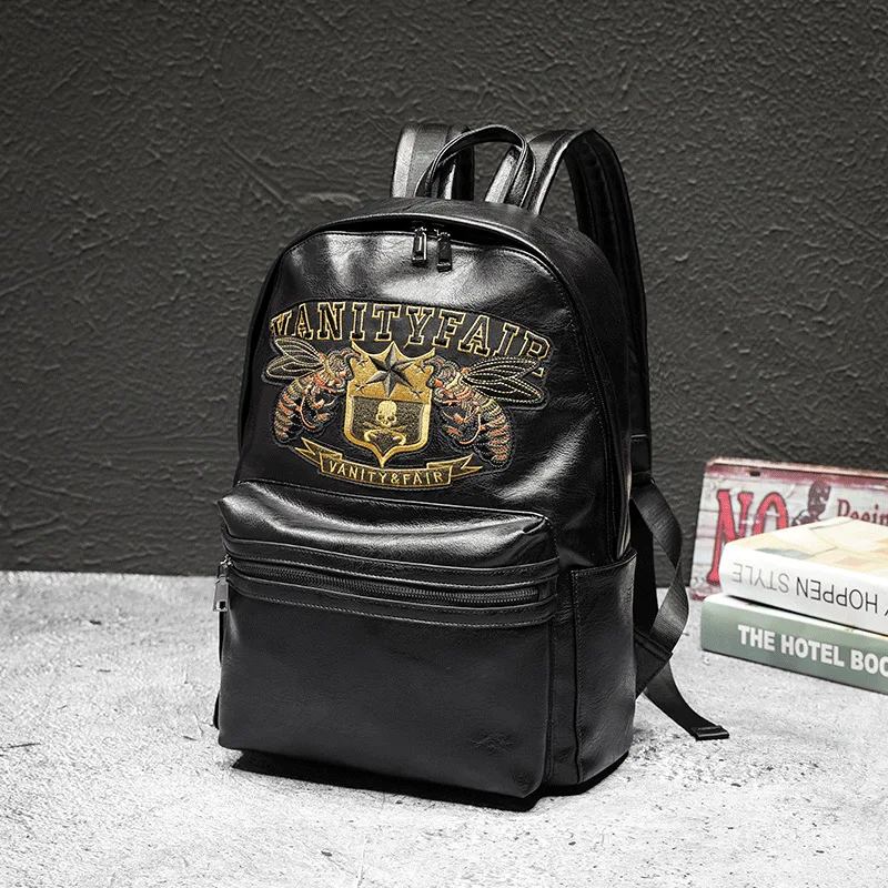 

Sac Homme Cuir 2021 Newest Personality Embroidery Men Large Fashion Back Packs Student Anime School Bag Leather Laptop Backpacks