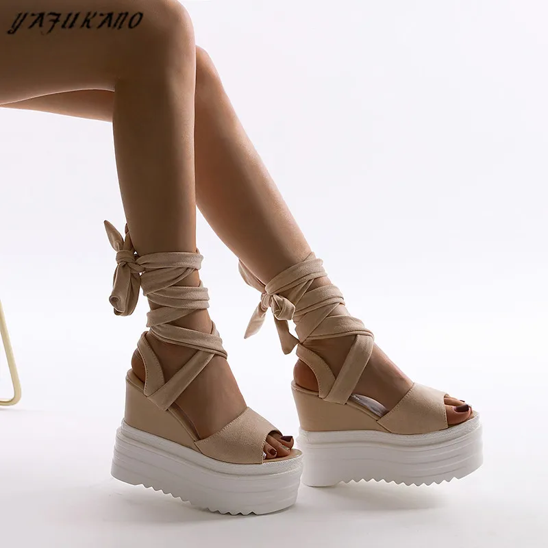 

14Cm Wedges Women Sandals Summer New Cross Strap High Heel Sandals Korean Simple Fashion Thick Sole Platform Peep Toe High Heels