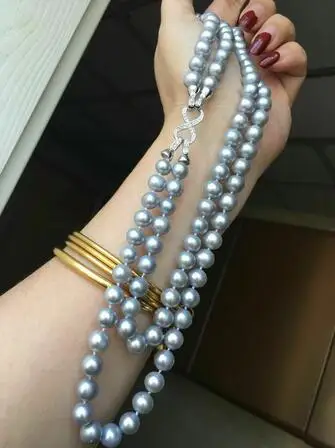 

Hand knotted 2strands 8-9mm gray freshwater pearl necklace sweater chain long 45-50cm fashion jewelry