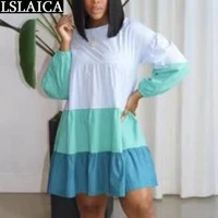 long sleeve summer dress women round neck colorful patchwork dresses for women party a line loose fashion casual robes lady