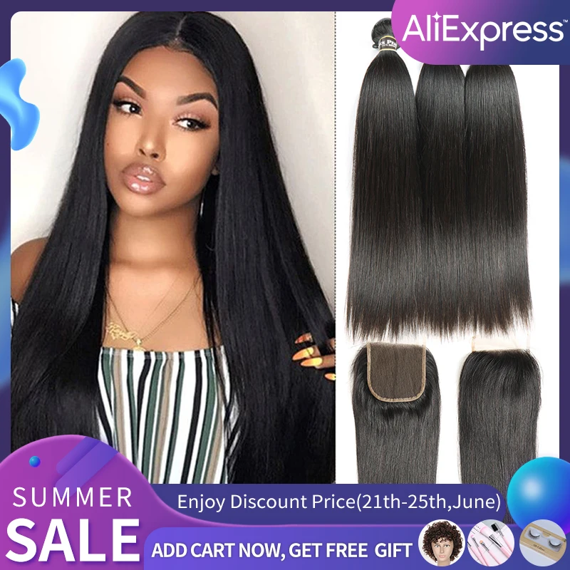 Черные жемчужные прямые пряди с закрытием Remy 30 дюймов человеческие волосы 3