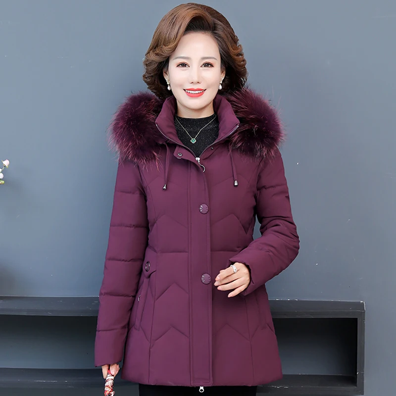 Парка с воротником из натурального меха для женщин среднего возраста, зимнее пальто с капюшоном, Женская хлопковая верхняя одежда, толстые ...