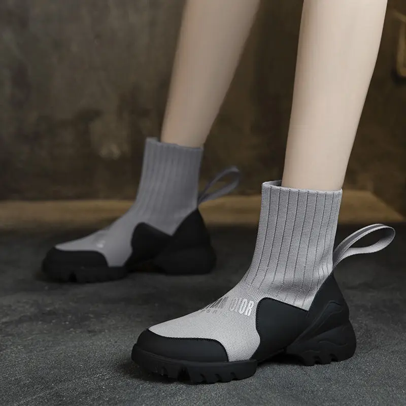 

2021 весна и осень облегающие вязаные туфли с высоким верхом Модные женские корейские ботильоны мартинсы повседневная обувь для студентов