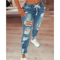 jeans womens sexy hole bleached ripped jeans autumn lace up mid waist slim fit washed denim pencil pants