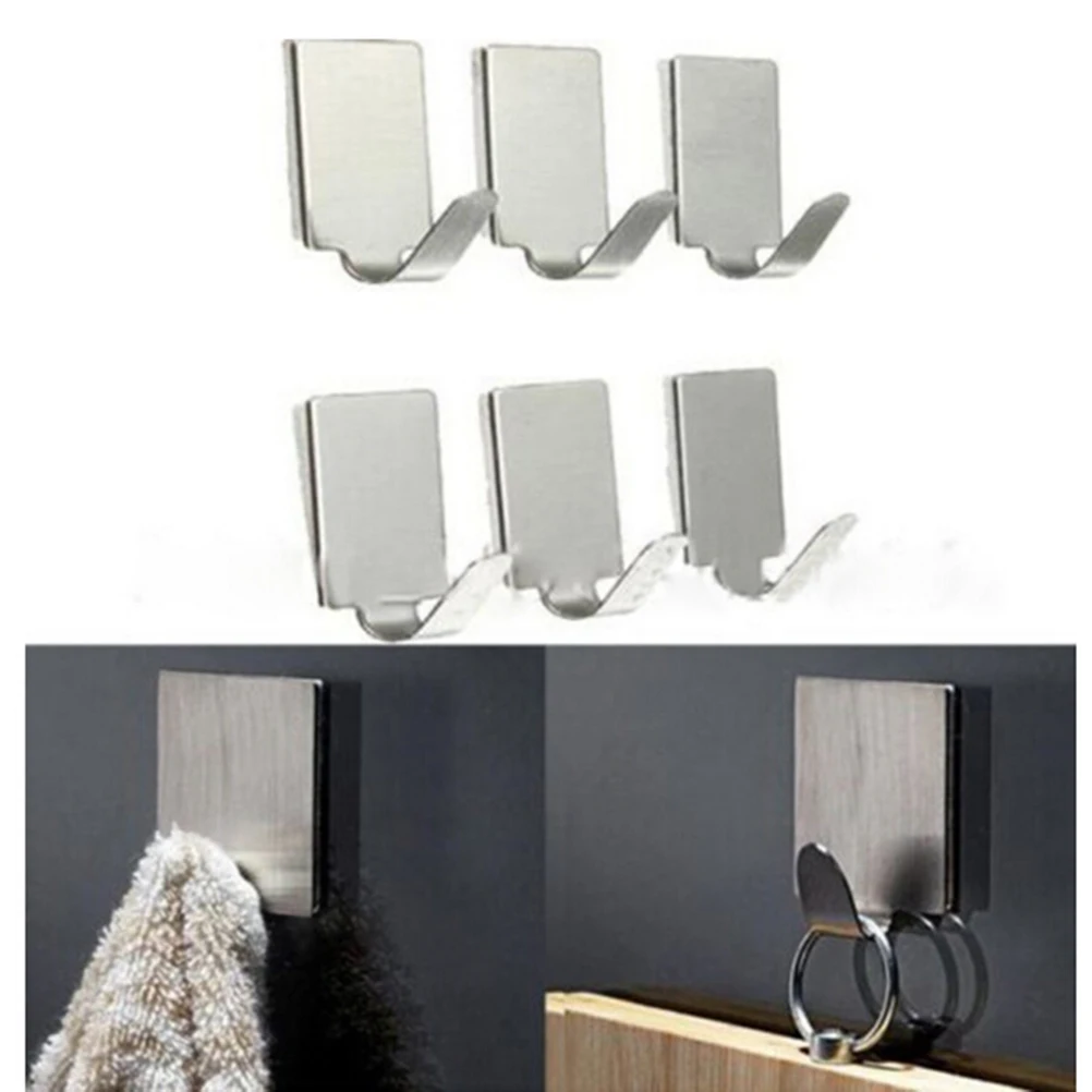 

6Pc/Lot Stainless Steel Family Robe Hanging Hooks Hats Bag Key Adhesive Wall Hanger for Bathroom Kitchen