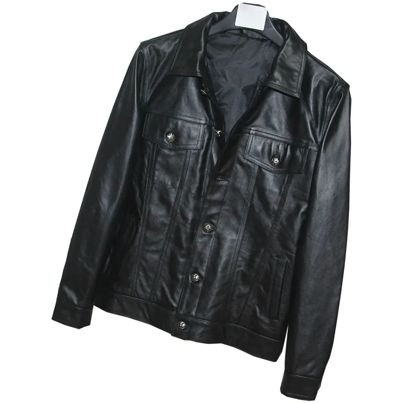 

Brand Men's First Layer Cowhide Leather Jacket Men Slim Short Denim Motorcycle Mens Fashion Pocket Genuine Leather Blazer Coat