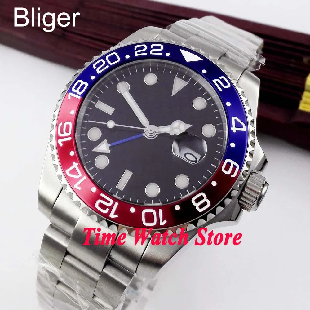 

Мужские часы Bliger 43 мм с черным стерильным циферблатом, синие, красные Безель, сапфировое стекло GMT, автоматические мужские часы t 363