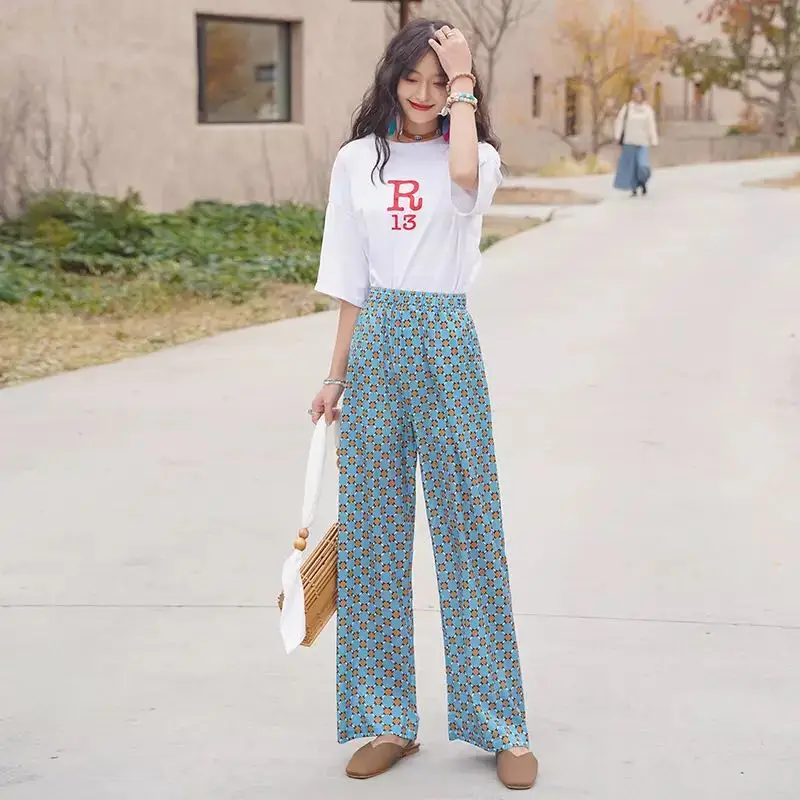 

2021 spring and summer new fashion printed bohemian wide-leg pants elastic waist geometric pattern drape casual slim pants