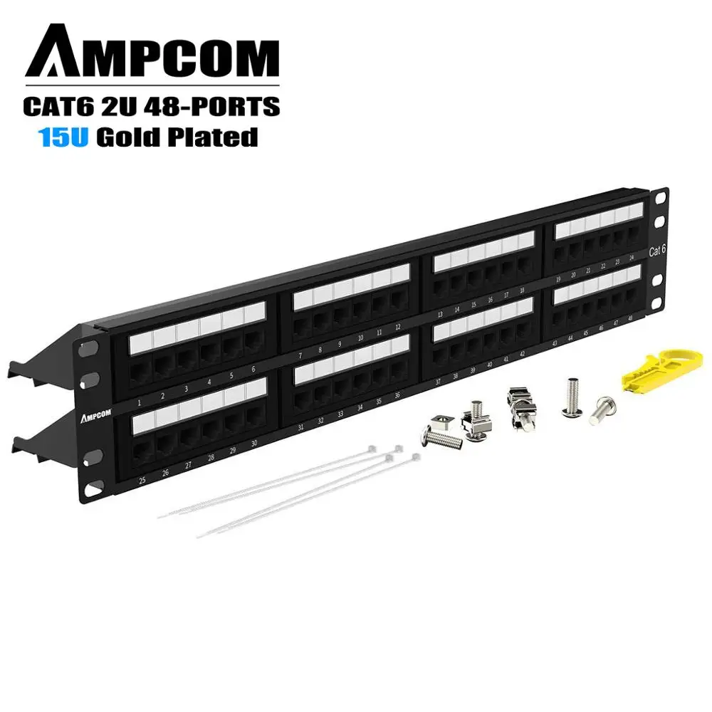 

AMPCOM Premium Series CAT6 Patch Panel,15U Gold Plated, 2U 48-Port Rackmount or Wallmount Punch Down Patch Panel