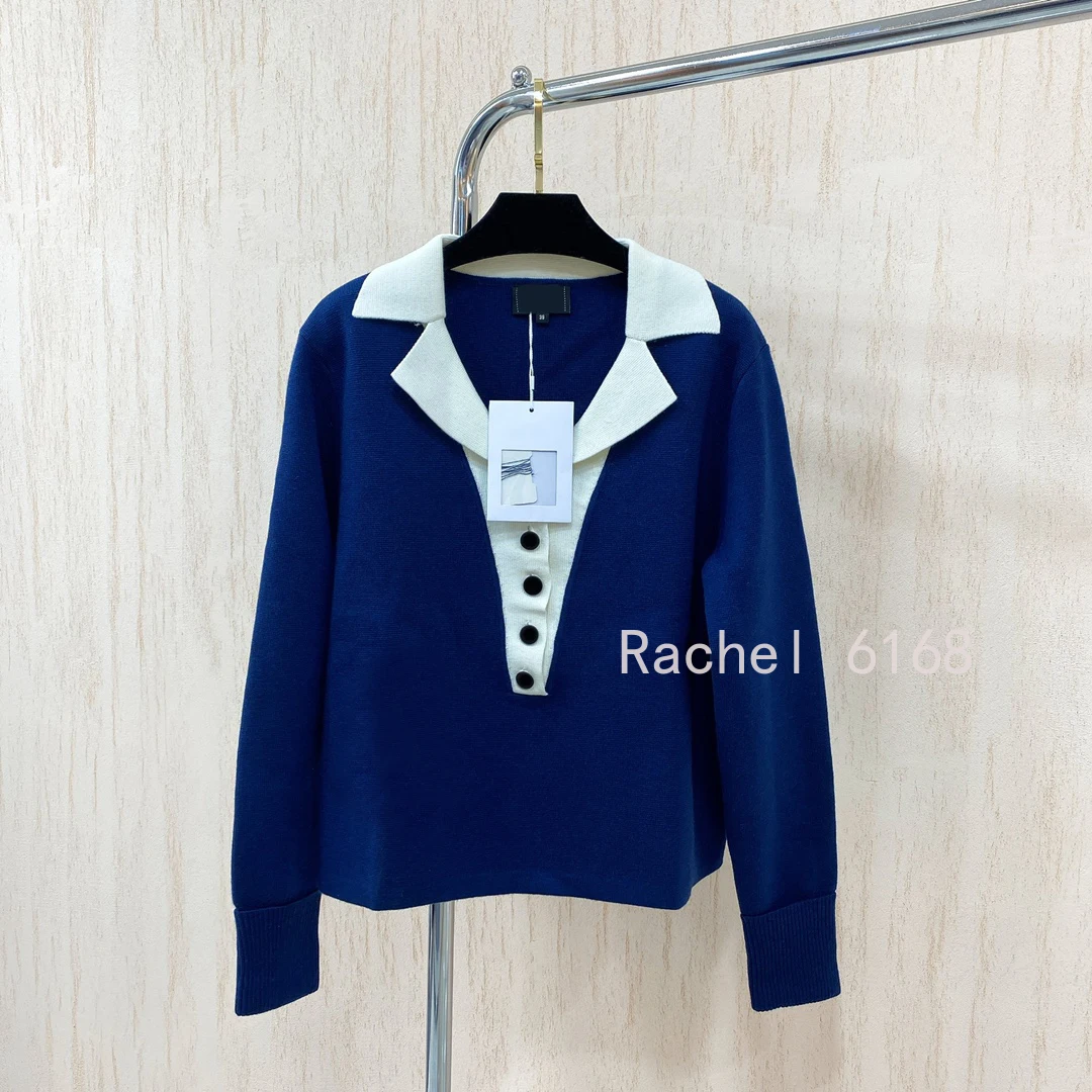 

Luxury Design 2021 autumn new Lapel knitted pullover Lapel long sleeve knitted sweater contrast women's short sweater