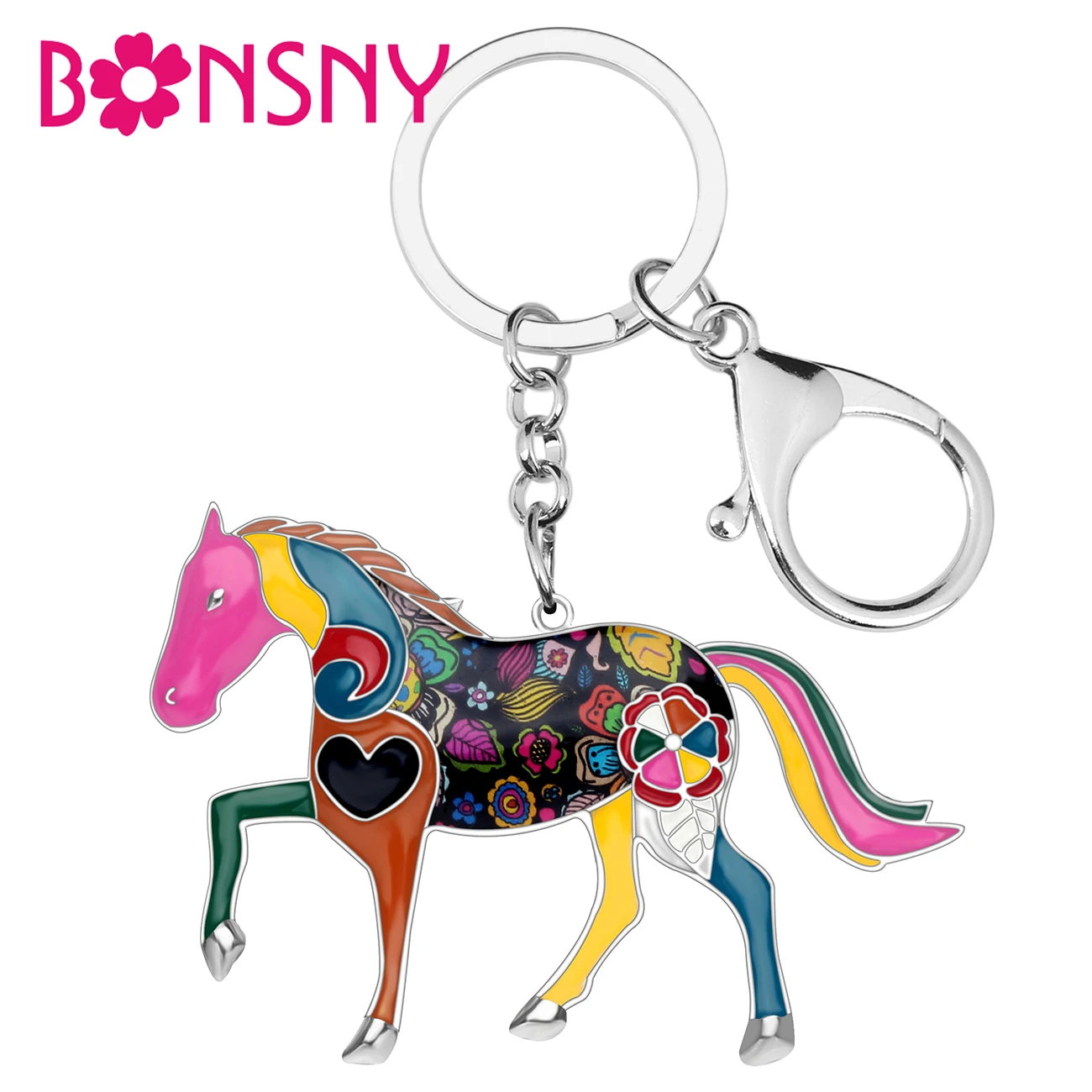 

Bonsny Enamel Alloy Floral Horse Key Chain Keychains Rings Novelty Animal Jewelry For Women Girls Bag Party Car Gifts Charms