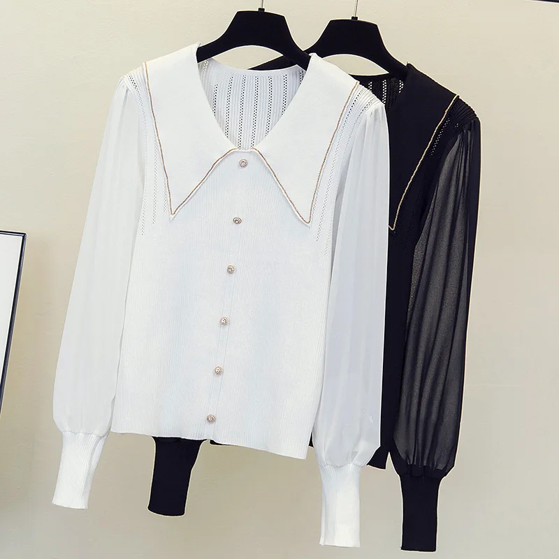 

2021 Women Sweaters Vneck High Quality Pearl Button Loose Sweater Tops sexy hollow out Full Jumpers autumn Casual Outerwear